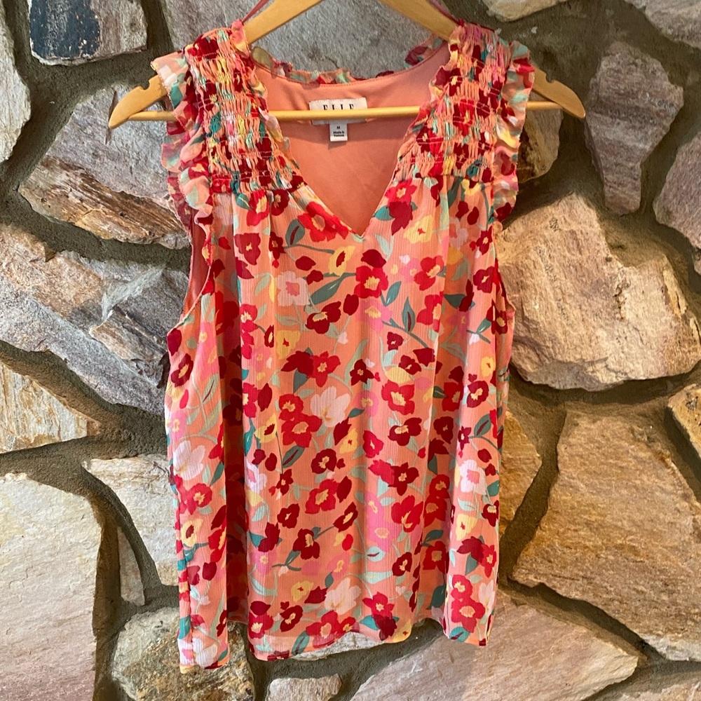 Pink Floral Ruffle V-Neck Blouse with Pink Lining